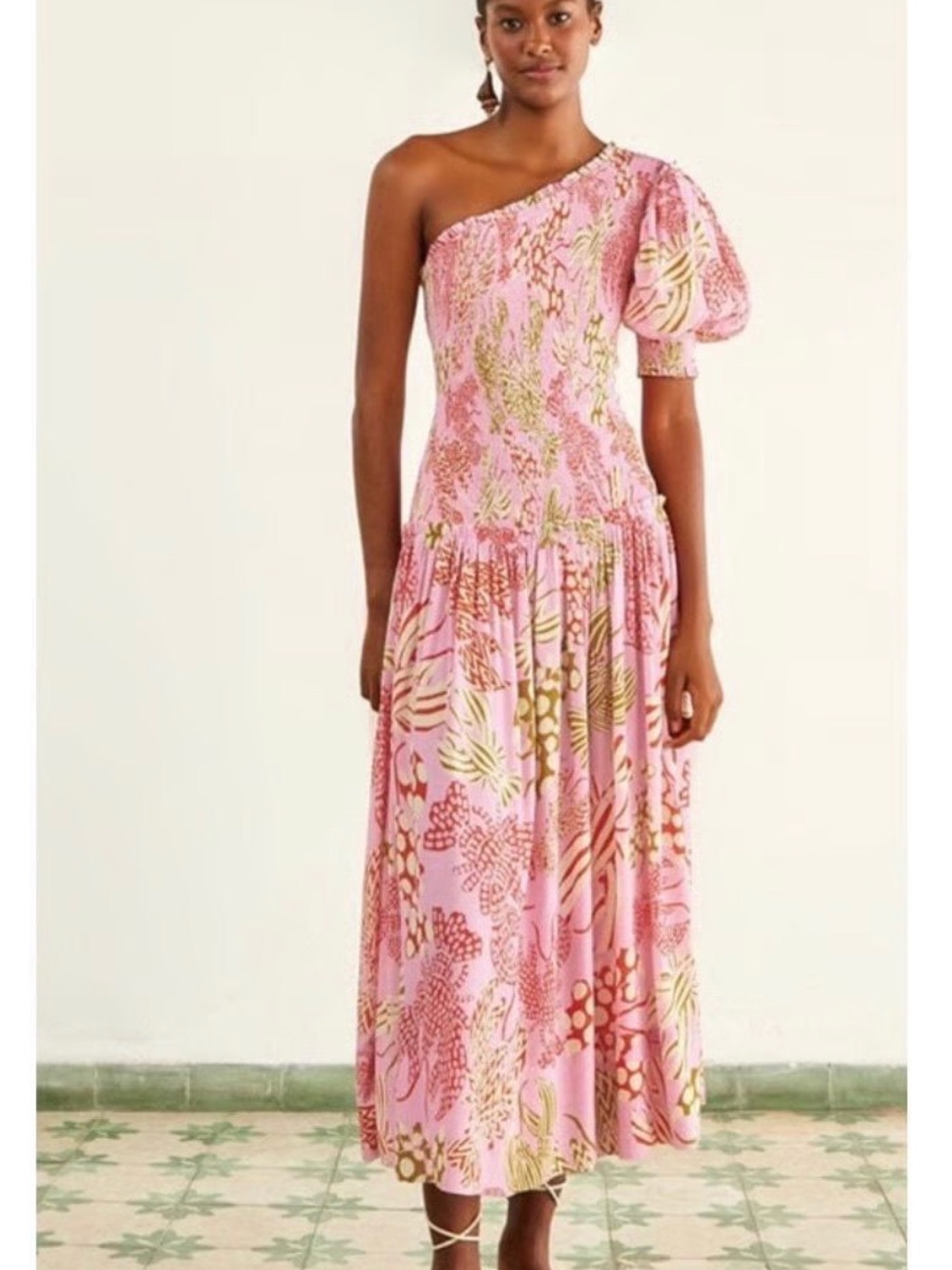 Farm Rio Pink One-Shoulder Floral Puff-Sleeve Midi Dress